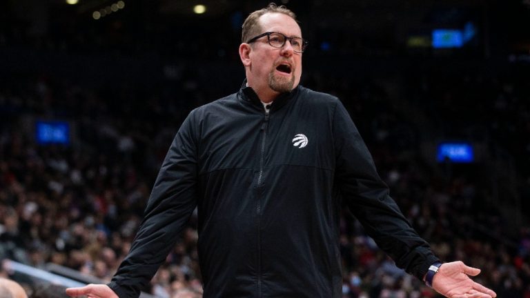 Toronto Raptors Head Coach Nick Nurse reacts during NBA basketball action against the Oklahoma City Thunder in Toronto on Wednesday, December 8, 2021. (Chris Young/CP)