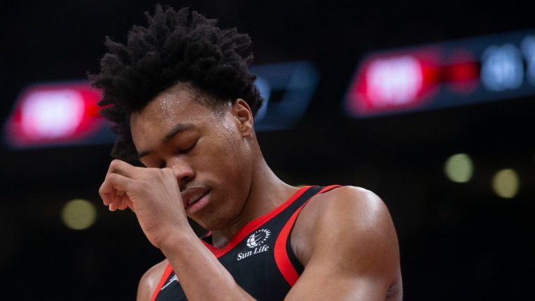 Toronto Raptors' Scottie Barnes reacts during his team's 97-109 loss in NBA basketball action against the Boston Celtics, in Toronto, Sunday, Nov. 28, 2021. (Chris Young/CP)