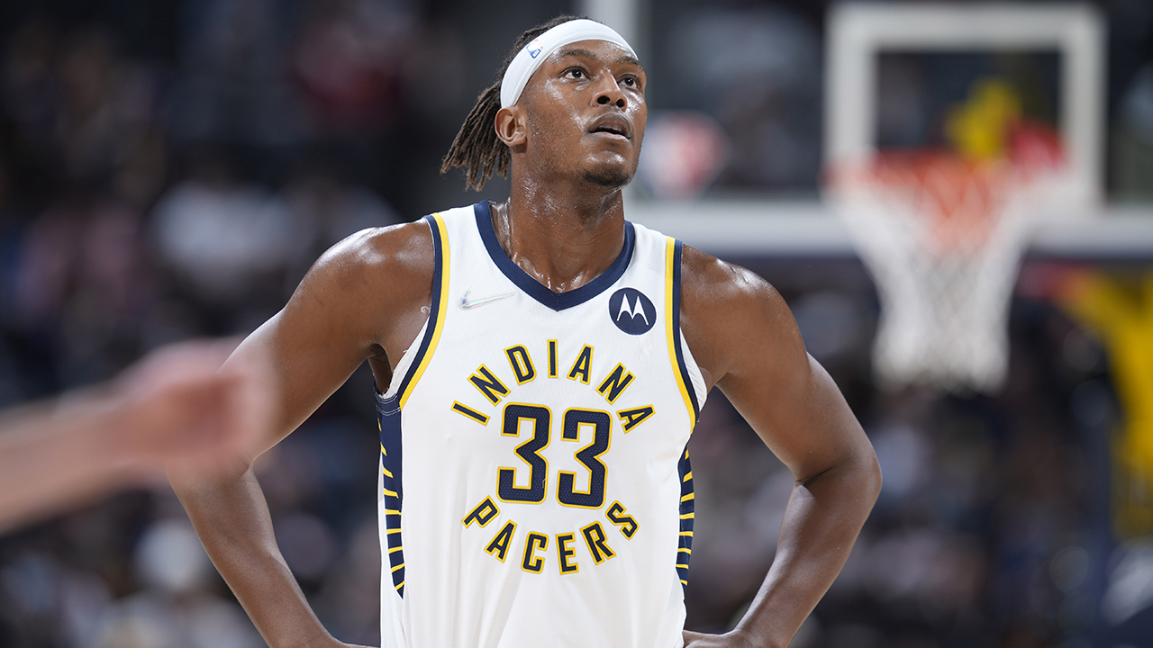 Indiana Pacers centre Myles Turner reacts late in the second half of the team's NBA basketball game against the Denver Nuggets. (David Zalubowski/AP)