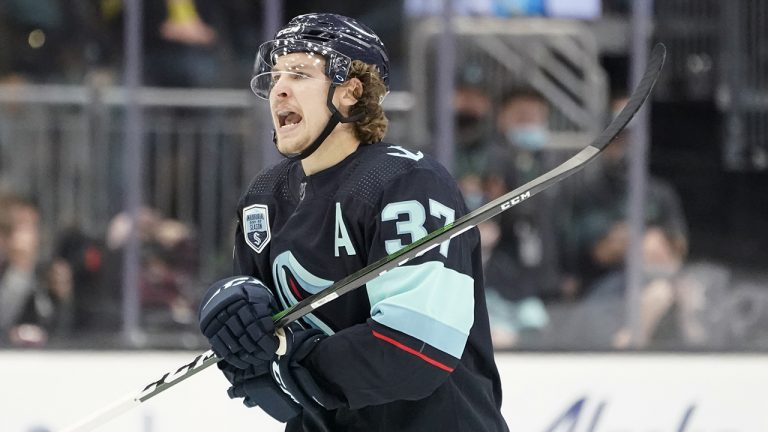 Seattle Kraken centre Yanni Gourde reacts after he scored a goal against the Montreal Canadiens during the second period of an NHL hockey game. (Ted S. Warren/AP)