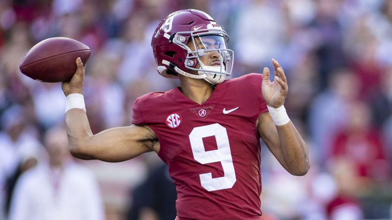 Alabama quarterback Bryce Young (9) throws against Arkansas during the first half of an NCAA college football game. (Vasha Hunt/AP)