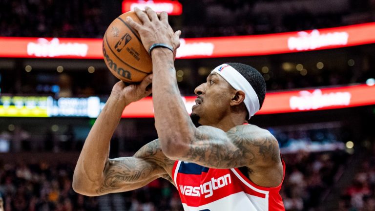 Washington Wizards guard Bradley Beal (3) lines up a three-pointer in the first half during an NBA basketball game (Isaac Hale/AP)