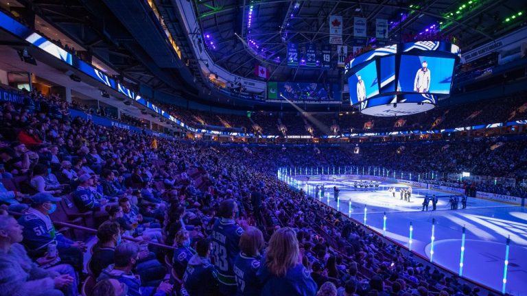 Spectators watch a pregame ceremony before the Vancouver Canucks and Minnesota Wild play an NHL hockey game in Vancouver, on Tuesday, October 26, 2021. The home opener was the team's first home game with capacity restrictions lifted for fans since the COVID-19 pandemic forced the NHL to halt last season in March, 2020. (Darryl Dyck/THE CANADIAN PRESS) 
