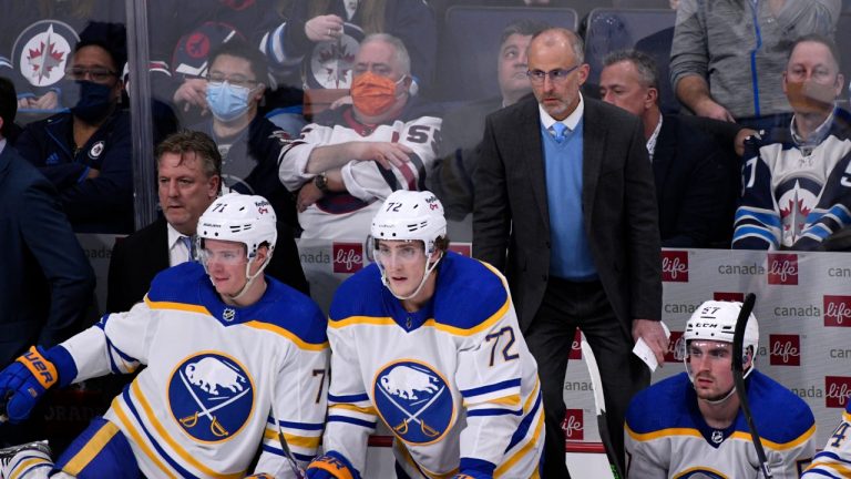 Buffalo Sabres head coach Don Granato watches the action from the bench against the Winnipeg Jets during the third period of NHL action in Winnipeg on Tuesday, December 14, 2021. (Fred Greenslade/CP)