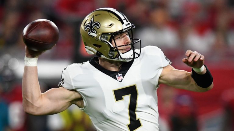 New Orleans Saints quarterback Taysom Hill (7) throws a pass against the Tampa Bay Buccaneers during the first half of an NFL football game Sunday, Dec. 19, 2021, in Tampa, Fla. (Jason Behnken/AP)