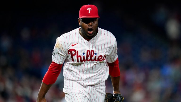 Philadelphia Phillies pitcher Hector Neris reacts after fielding a ground out by Pittsburgh Pirates' Ke'Bryan Hayes to end the eighth inning of a baseball game, Friday, Sept. 24, 2021, in Philadelphia. (Matt Slocum/AP Photo) 