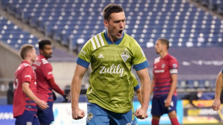 Seattle Sounders' Shane O'Neill reacts after scoring against FC Dallas during the second half of an MLS playoff soccer match Tuesday, Dec. 1, 2020, in Seattle. (Ted S. Warren/AP)