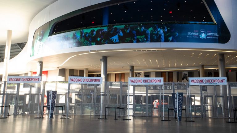 Gates are closed at the entrance of Rogers Place after the cancellation of the IIHF World Junior Hockey Championship in Edmonton on Wednesday, December 29, 2021. (Jason Franson/THE CANADIAN PRESS)
