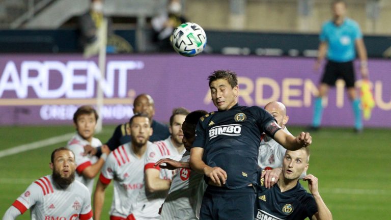 Alejandro Bedoya of the Philadelphia Union tries to head the ball into the goal against Toronto FC during the first half of an MLS match Saturday, Oct. 24, 2020, in Chester, Pa. (Charles Fox/The Philadelphia Inquirer via AP) 
