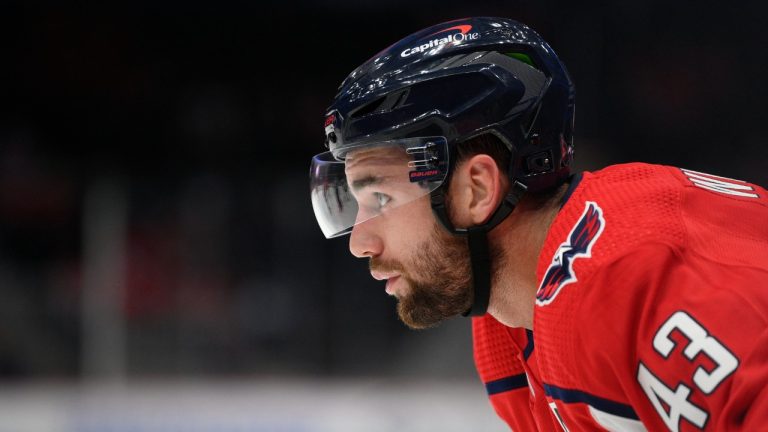 Washington Capitals right wing Tom Wilson looks on during the first period of an NHL preseason hockey game against the Boston Bruins, Sunday, Sept. 26, 2021, in Washington. (Nick Wass/AP)