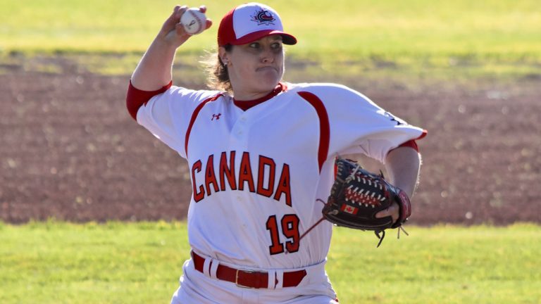 Canada's Amanda Asay of Prince George, B.C., prepares to throw the ball. (Baseball Canada/CP)