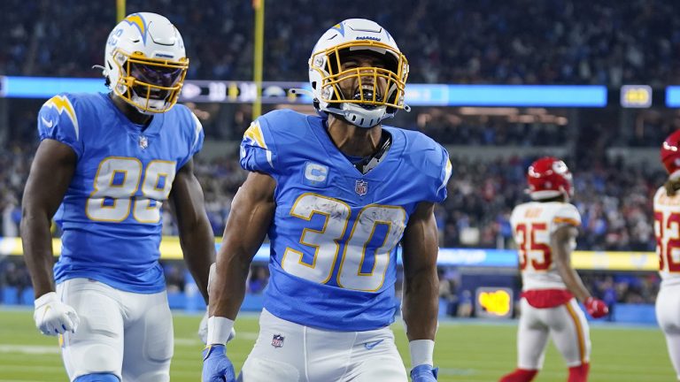 Los Angeles Chargers running back Austin Ekeler (30) reacts after scoring a touchdown during the second half of an NFL football game. (Marcio Jose Sanchez/AP)