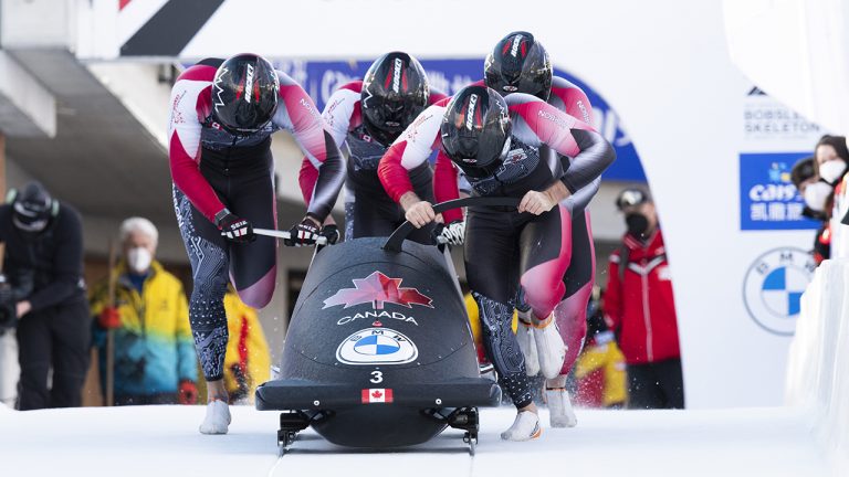 Justin Kripps of Canada and team in action during the Men's 4-Bob World Cup in St. Moritz, Switzerland. (Mayk Wendt/Keystone via AP)