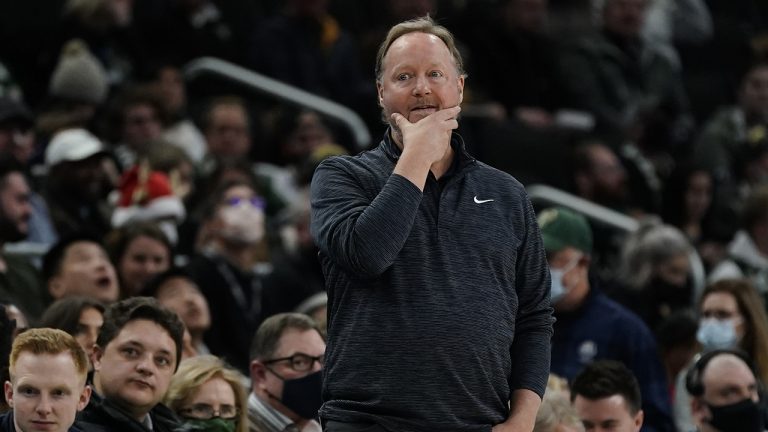 Milwaukee Bucks head coach Mike Budenholzer reacts during the first half of an NBA basketball game against the Houston Rockets. (Morry Gash/AP)