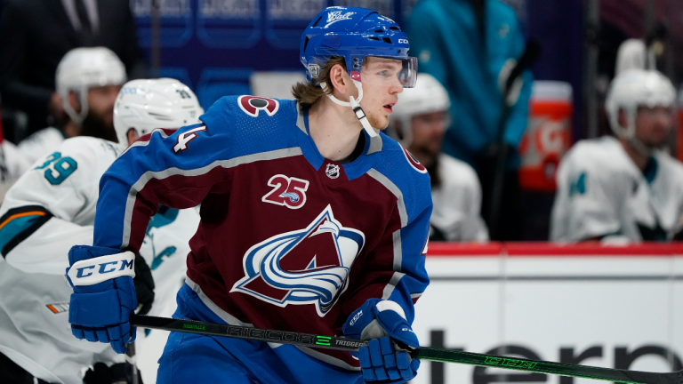 Colorado Avalanche defenseman Bowen Byram pursues the puck during the second period of the team's NHL hockey game against the San Jose Sharks on Tuesday, Jan. 26, 2021, in Denver. (AP)