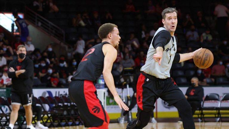 Toronto Raptors guard Goran Dragic controls the ball during a NBA team scrimmage in London, Ont., Saturday, Oct. 2, 2021. (Nicole Osborne/CP) 