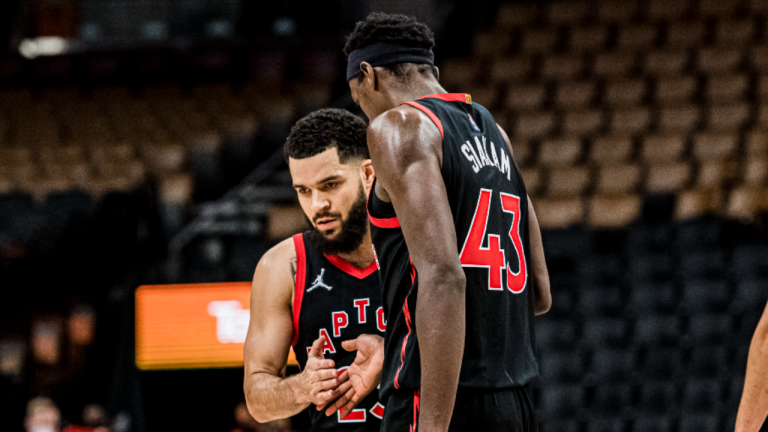 Toronto Raptors guard Fred VanVleet (23) and forward Pascal Siakam (43) celebrate during second-half action against the LA Clippers, in Toronto, Friday, Dec. 31, 2021. (CP/file)