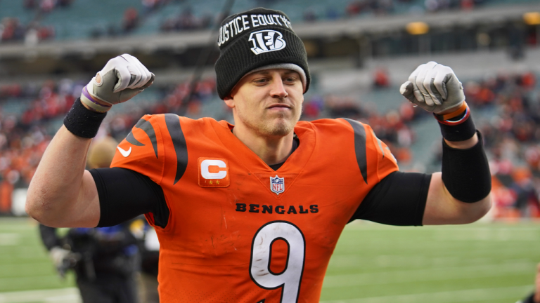 Cincinnati Bengals quarterback Joe Burrow celebrates after the Bengals defeated the Kansas City Chiefs on Sunday, Jan. 2, 2022. (AP)