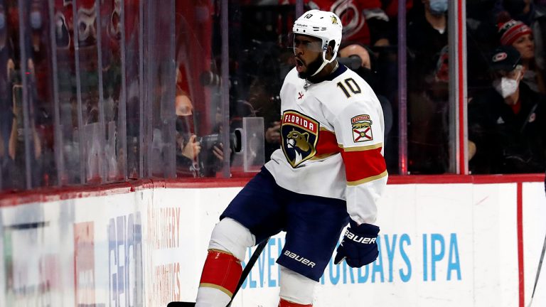 Florida Panthers' Anthony Duclair (10) celebrates after his goal against the Carolina Hurricanes during an NHL hockey game in Raleigh, N.C., Saturday, Jan. 8, 2022. (Karl B DeBlaker/AP)