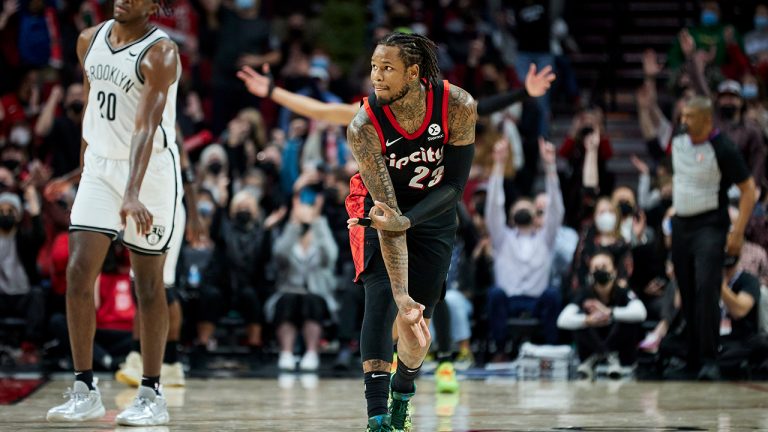 Portland Trail Blazers guard Ben McLemore (23) reacts after making a 3-point basket against the Brooklyn Nets during the second half of an NBA basketball game in Portland, Ore., Monday, Jan. 10, 2022. (Craig Mitchelldyer/AP)