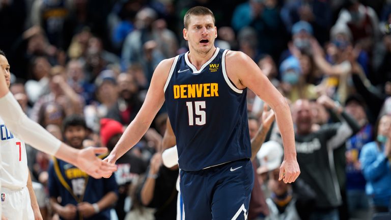 Denver Nuggets center Nikola Jokic reacts after scoring against the Los Angeles Clippers in overtime of an NBA basketball game Wednesday, Jan. 19, 2022. (David Zalubowski/AP)