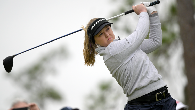 Brooke Henderson tees off on the eighth hole during the final round of the Tournament of Champions LPGA on Sunday, Jan. 23, 2022, in Orlando, Fla. (AP)