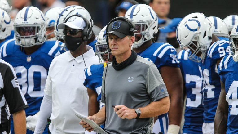 Indianapolis Colts defensive coordinator Matt Eberflus is shown during the first half of an NFL football game against the Jacksonville Jaguars, Sunday, Sept. 13, 2020 (Gary McCullough/AP)