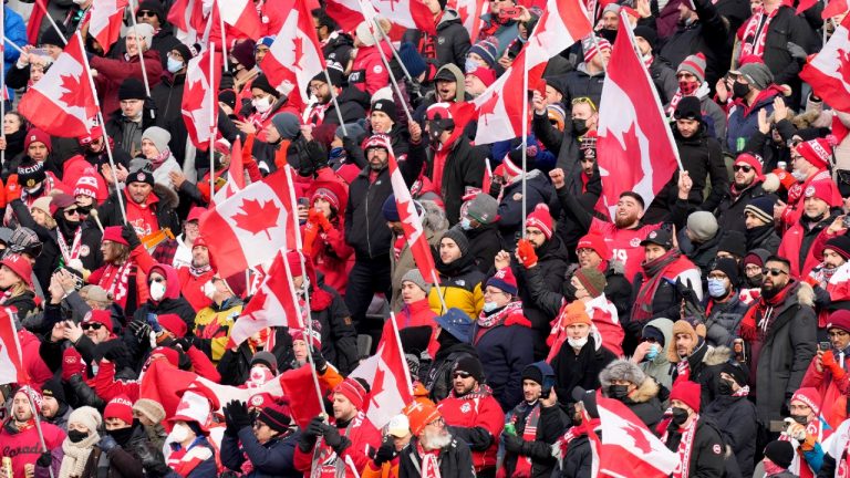 Canada fans cheer from the stands prior to first half World Cup qualifying soccer action between Canada and the United States, in Hamilton, Ont., Sunday, Jan. 30, 2022. (Frank Gunn/CP)