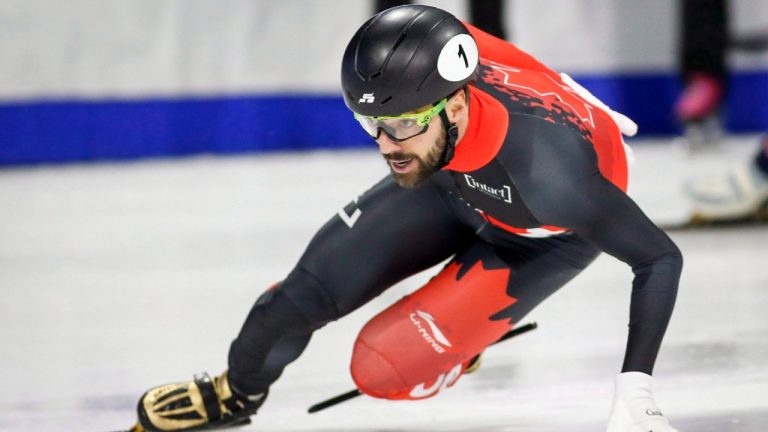 Canada's Charles Hamelin skates during the men's 5000-metre relay finals at the ISU World Cup short track speed skating event in Calgary, Sunday, Nov. 4, 2018. (Jeff McIntosh/CP)