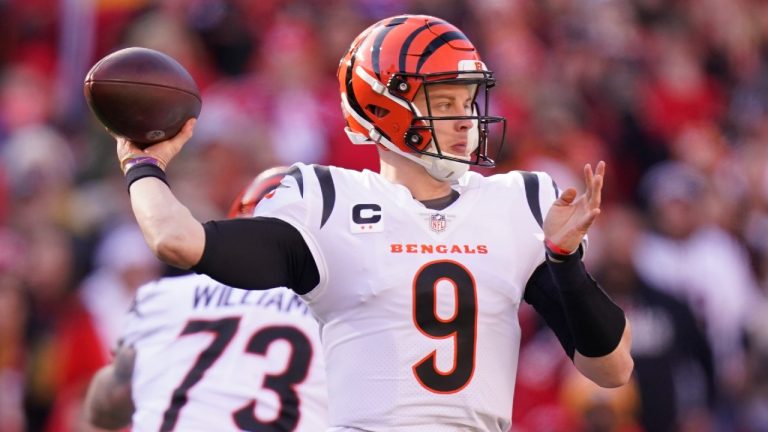 Cincinnati Bengals quarterback Joe Burrow (9) throws a pass during the first half of the AFC championship NFL football game against the Kansas City Chiefs, Sunday, Jan. 30, 2022, in Kansas City, Mo. (Eric Gay/AP)