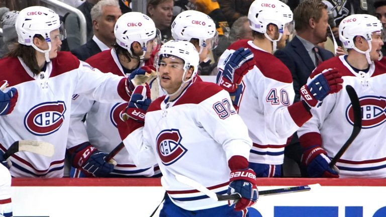 Montreal Canadiens' Jonathan Drouin (92) returns to the bench after scoring during the second period of an NHL hockey game against the Pittsburgh Penguins in Pittsburgh, Saturday, Nov. 27, 2021. (Gene J. Puskar/AP)