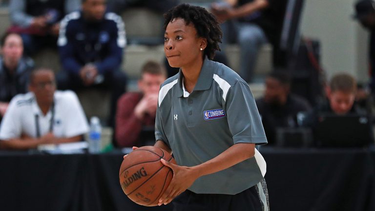 Edniesha Curry passes the ball during the NBA Combine. (Jeff Haynes/Getty)