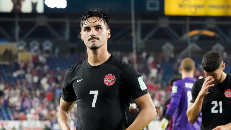 Canada midfielder Stephen Eustaquio (7) leaves the pitch following a 1-1 draw with the United States in a World Cup soccer qualifier Sunday, Sept. 5, 2021, in Nashville, Tenn. (Mark Humphrey/AP)