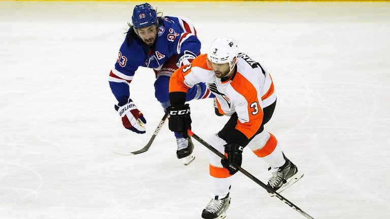 Philadelphia Flyers defenseman Keith Yandle (3) skates against New York Rangers center Mika Zibanejad (93) during the third period of an NHL hockey game, Wednesday, Dec. 1, 2021, at Madison Square Garden in New York. The Rangers won 4-1. (AP Photo/Mary Altaffer)