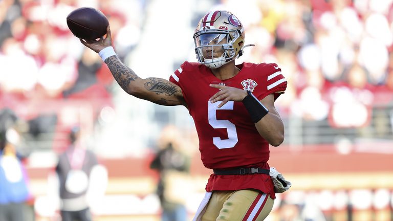 San Francisco 49ers quarterback Trey Lance (5) passes against the Houston Texans. (AP)