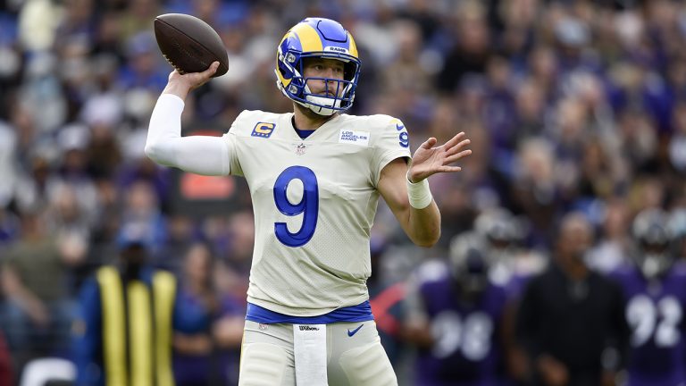 Los Angeles Rams quarterback Matthew Stafford throws a pass against the Baltimore Ravens during the first half of an NFL football game. (Gail Burton/AP)