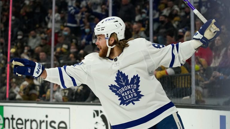 Toronto Maple Leafs right wing William Nylander (88) celebrates after scoring on Vegas Golden Knights goaltender Robin Lehner (90) during the first period of an NHL hockey game Tuesday, Jan. 11, 2022, in Las Vegas. (John Locher/AP Photo) 
