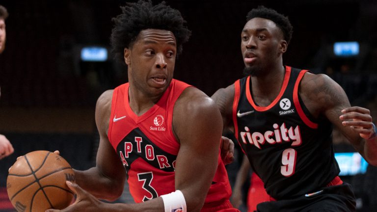 Toronto Raptors forward OG Anunoby (3) turns on Portland Trail Blazers forward Nassir Little (9) during first half NBA action in Toronto, Sunday Jan. 23, 2022. (Frank Gunn/The Canadian Press) 