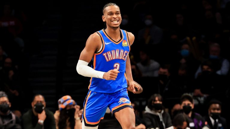 Oklahoma City Thunder guard Shai Gilgeous-Alexander (2) smiles after his shot against the Brooklyn Nets during the second half of an NBA basketball game. (Jessie Alcheh/AP)