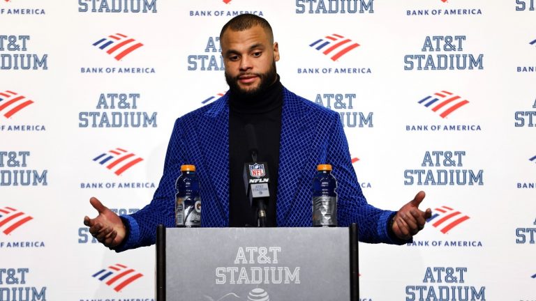 Dallas Cowboys quarterback Dak Prescott speaks during a news conference following an NFL wild-card playoff football game against the San Francisco 49ers in Arlington, Texas, Sunday, Jan. 16, 2022. (Ron Jenkins/AP Photo) 
