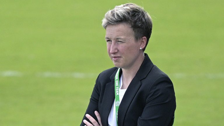 Canada head coach Bev Priestman watches players warm up before a SheBelieves Cup women's soccer match against Brazil. (Phelan M. Ebenhack, File/AP)