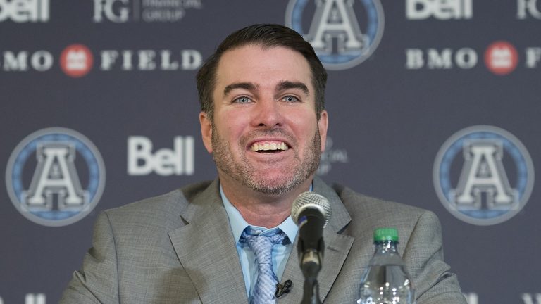 Toronto Argonauts new head coach Ryan Dinwiddie speaks to the media during a press conference in Toronto on Friday, Dec. 13, 2019. (Nathan Denette/CP)