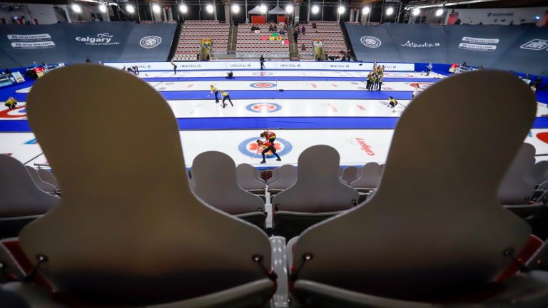 Cardboard cut-out fans watch the action from the stands at the Scotties Tournament of Hearts in Calgary, Alta., Sunday, Feb. 21, 2021. (Jeff McIntosh/CP)