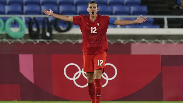 Canada's Christine Sinclair pleads for a penalty kick during the women's soccer gold medal game against Sweden at the Tokyo Olympics. (Adrian Wyld/CP)