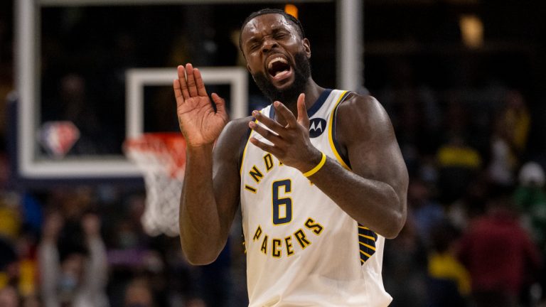 Indiana Pacers guard Lance Stephenson (6) reacts after a teammate scored in the second half of an NBA basketball game against the Utah Jazz in Indianapolis, Saturday, Jan. 8, 2022. (Doug McSchooler/AP) 