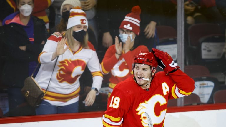 Calgary Flames' Matthew Tkachuk celebrates his goal during third-period NHL hockey action against the Florida Panthers in Calgary, Tuesday, Jan. 18, 2022. (Jeff McIntosh/THE CANADIAN PRESS) 
