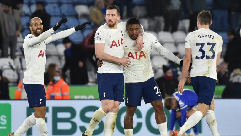 Tottenham's Lucas Moura, left, Tottenham's Pierre-Emile Hojbjerg,Tottenham's Steven Bergwijn,Tottenham's Ben Davies celebrate their victory during the English Premier League soccer match between Leicester City and Tottenham Hotspur at King Power stadium in Leicester, England, Wednesday, Jan. 19, 2022. (Rui Vieira/AP) 