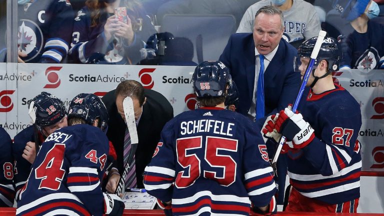 Winnipeg Jets interim head coach Dave Lowry speaks to media at his first press conference in his new role after Paul Maurice resigned today, Friday, December 17, 2021. (John Woods/CP)