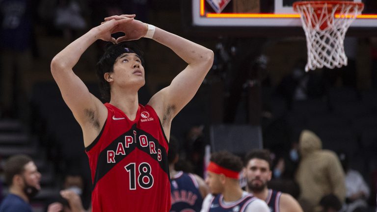 Toronto Raptors' Yuta Watanabe reacts against the Philadelphia 76ers. (Chris Young/CP)