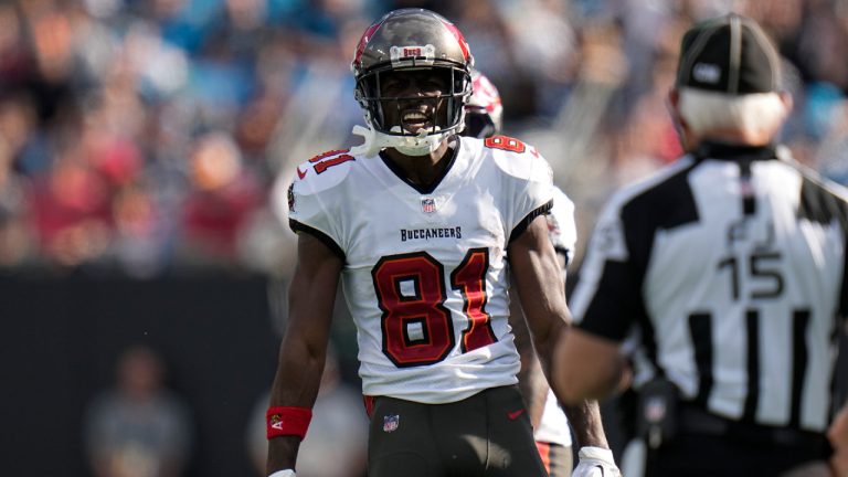 Tampa Bay Buccaneers wide receiver Antonio Brown celebrates during the first half of an NFL football game against the Carolina Panthers Sunday, Dec. 26, 2021, in Charlotte, N.C. (Rusty Jones/AP) 